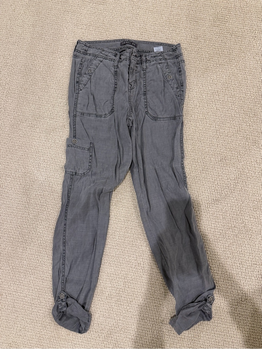 Level 99 Gray Linen Tencel Cargo Pants Size 26 Roll Tab Utility
Description: